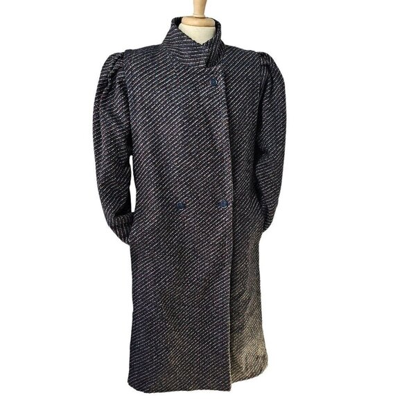 70s Peabody House Double Breast Coat Puff Slv Navy Blue Tweed Stripe Women 13/14 - Picture 3 of 13